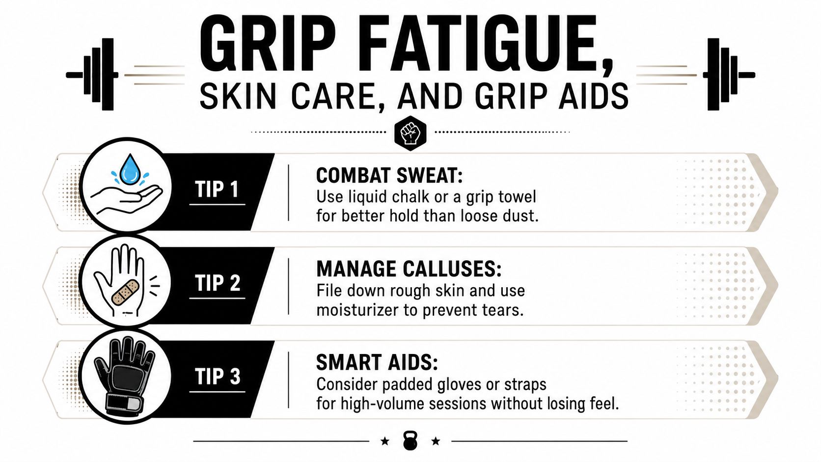 An infographic detailing tips for grip fatigue including using sweat combatants, managing calluses, and smart aids.