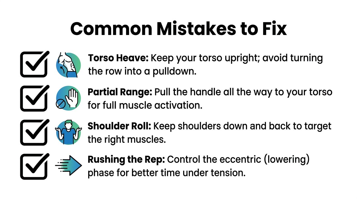 A list of four common exercise mistakes to fix when performing a seated cable row movement.