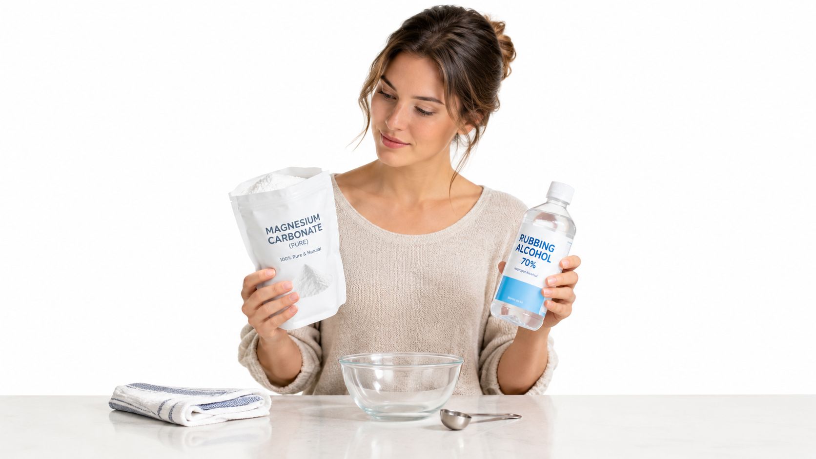A woman preparing to make homemade liquid chalk using magnesium carbonate powder and isopropyl rubbing alcohol.