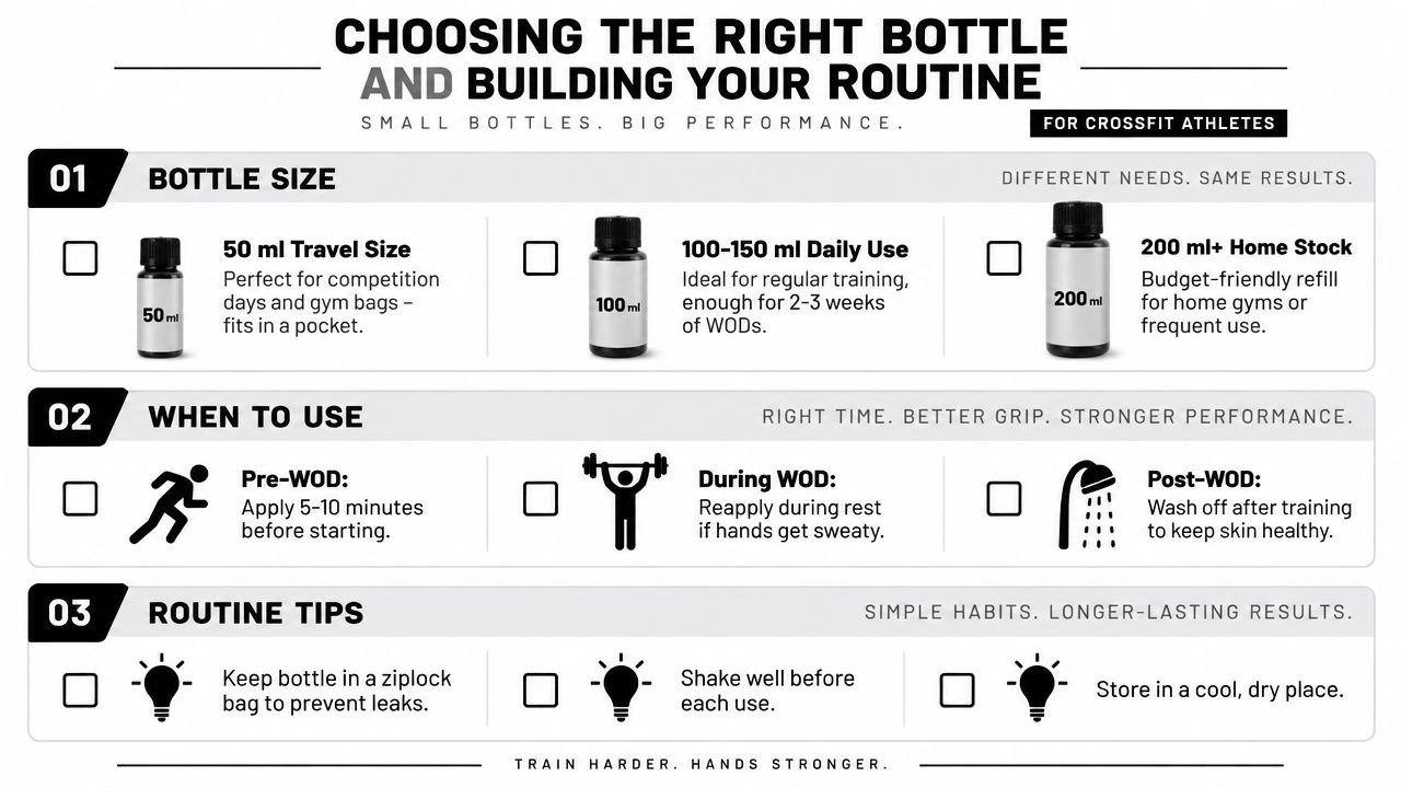 An infographic guide for CrossFit athletes on choosing bottle sizes, usage timing, and maintenance tips for liquid chalk.