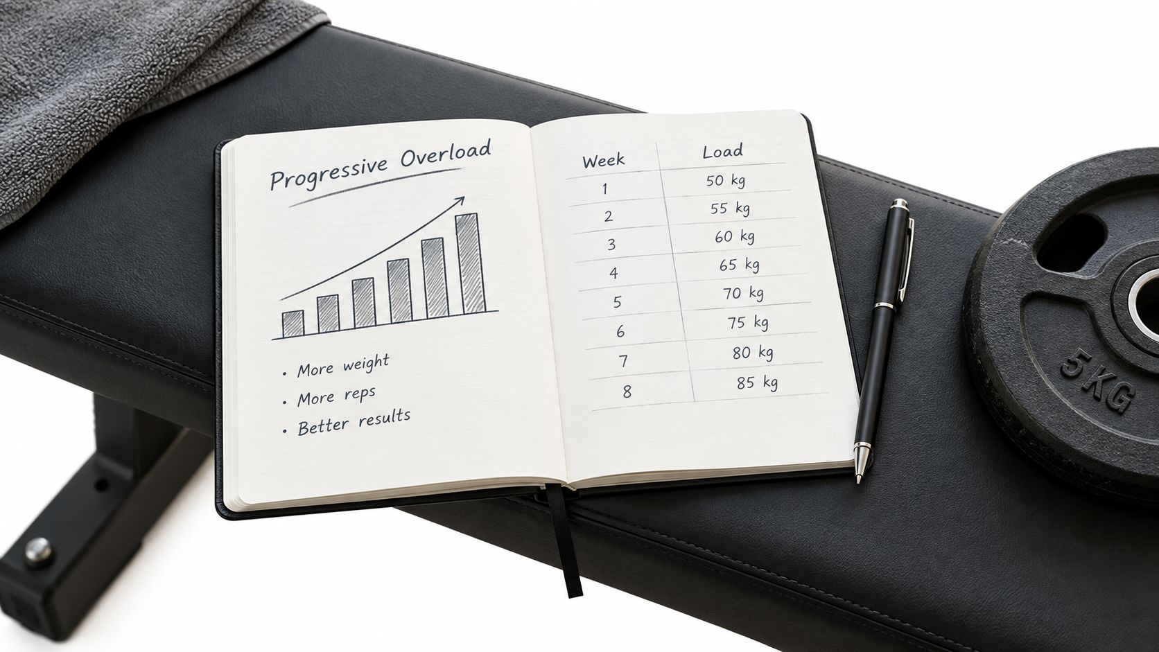 An open notebook on a weight bench showing a progressive overload chart and training weight progression.