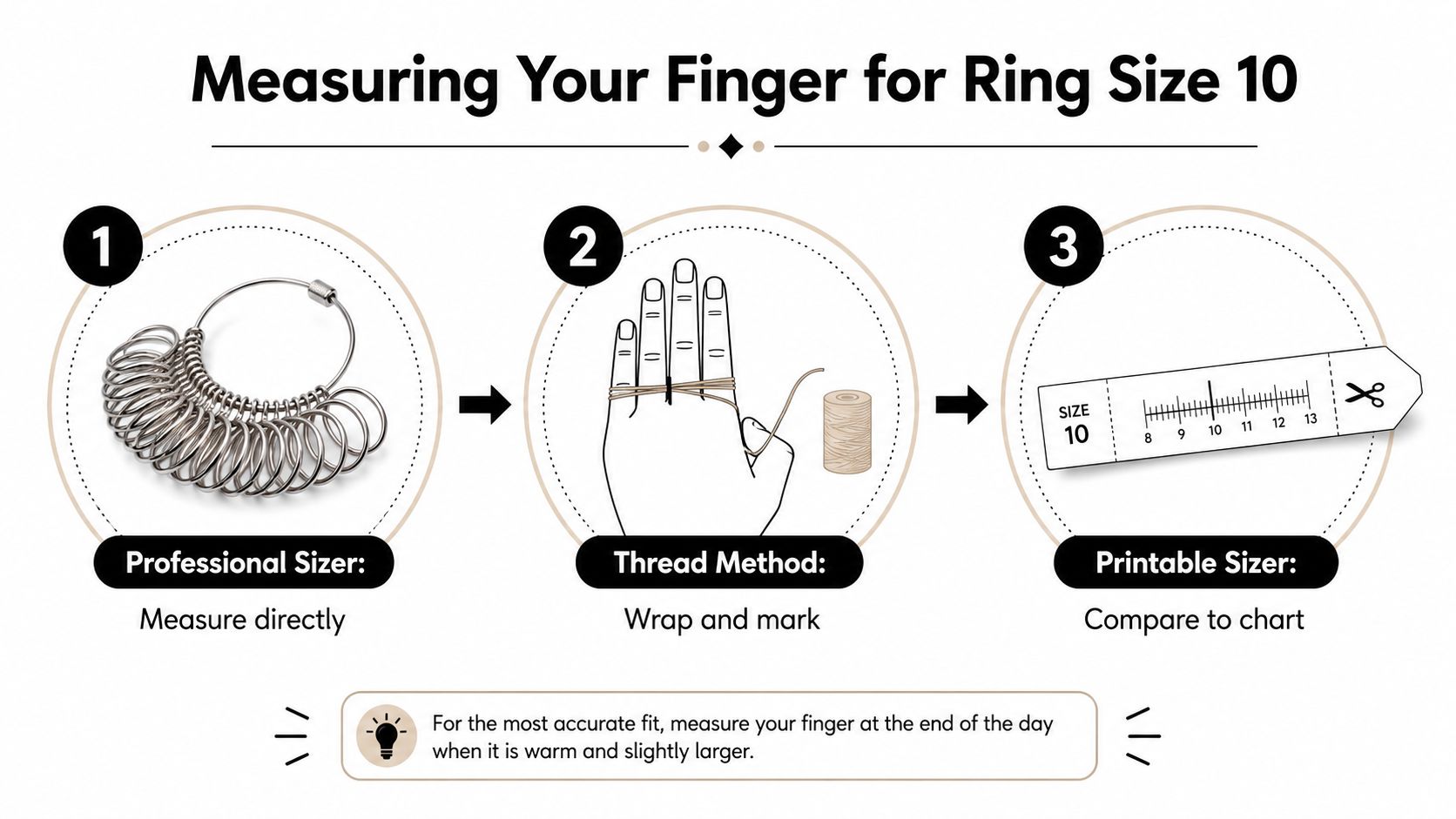 An instructional graphic showing three methods to measure your finger for ring size 10 at home.