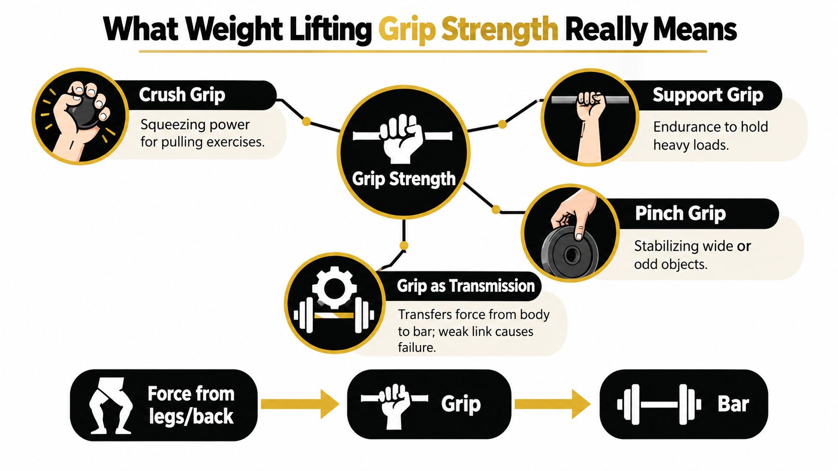 An infographic illustrating four different types of grip strength used in weight lifting and exercise.
