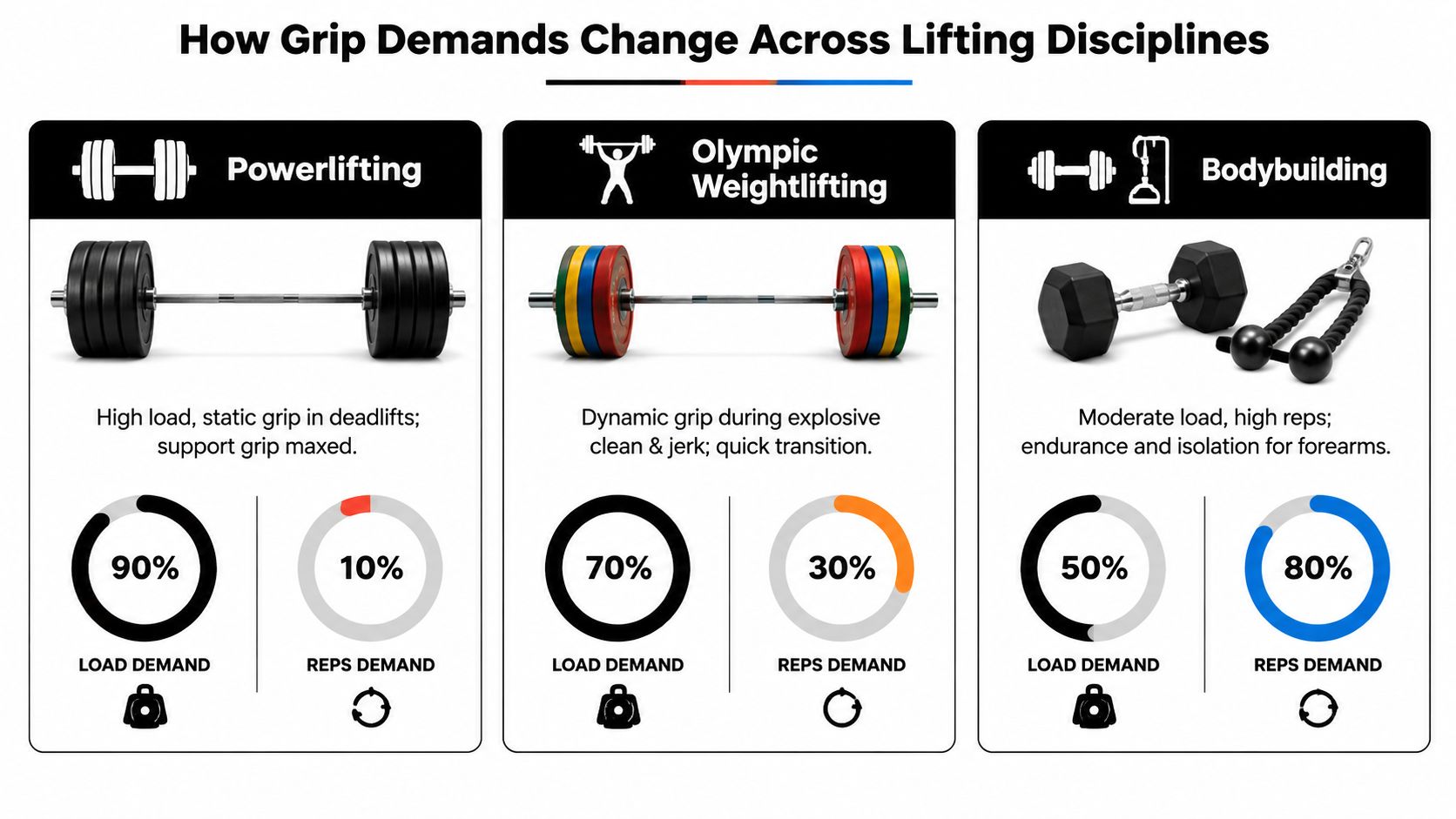 A comparison chart showing how grip demands vary between powerlifting, Olympic weightlifting, and bodybuilding disciplines.