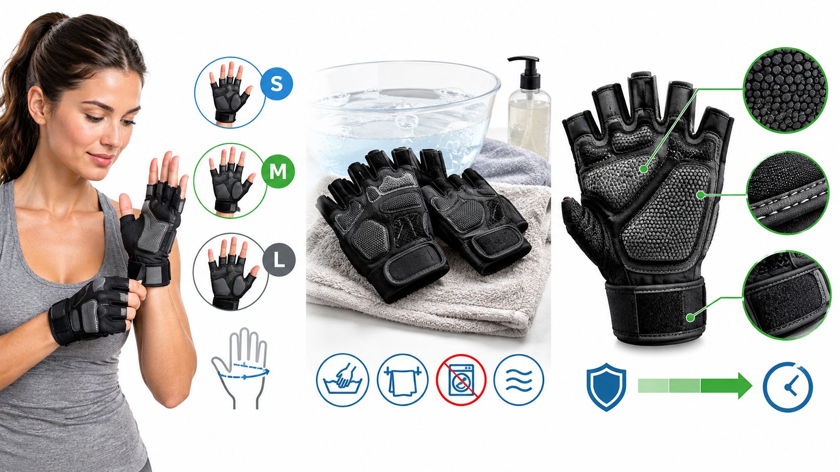 A woman wearing black weightlifting gloves with size options and cleaning instructions displayed on a white background.
