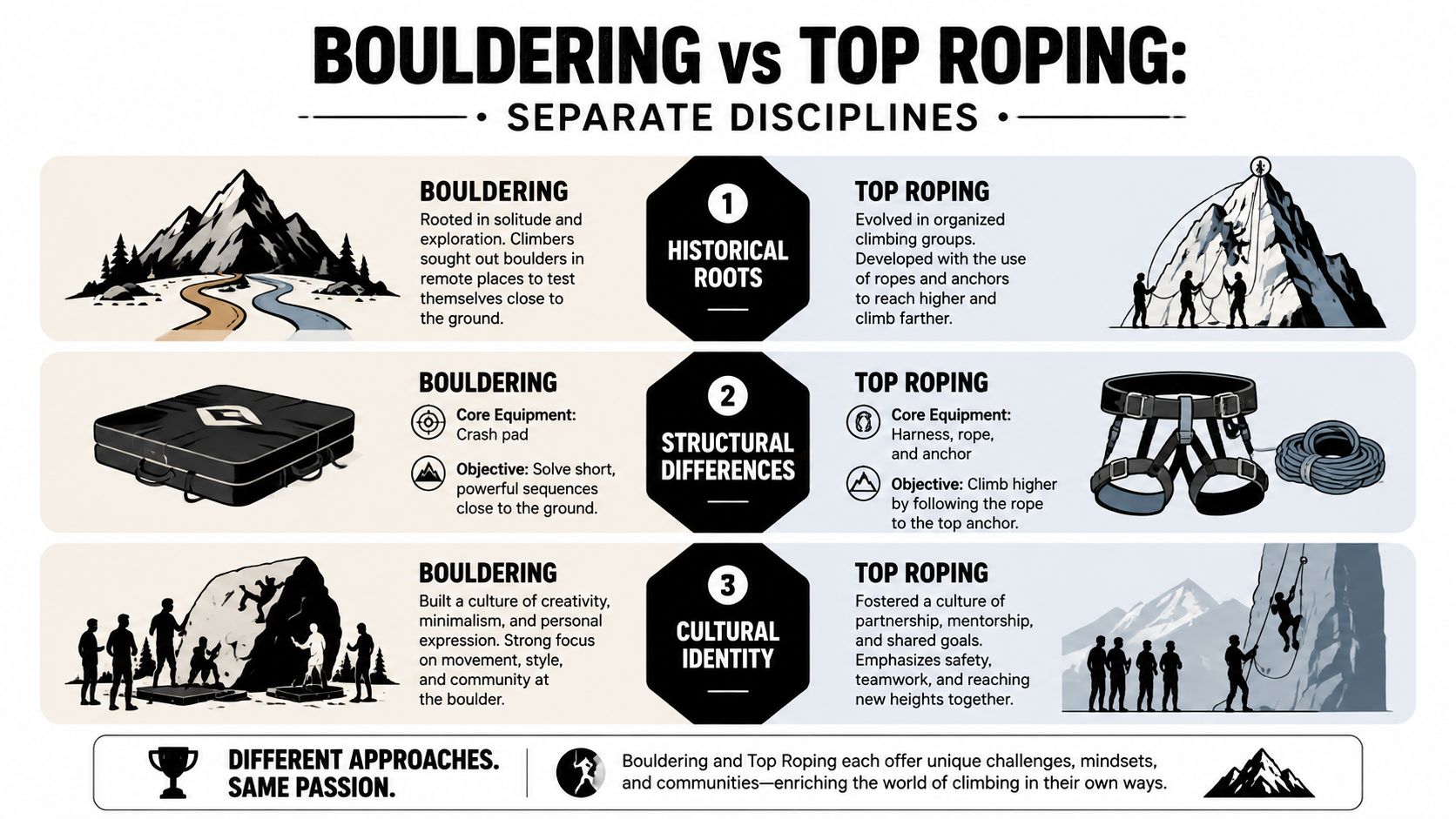 An infographic comparing bouldering and top roping climbing disciplines by historical roots, equipment, and cultural identity.