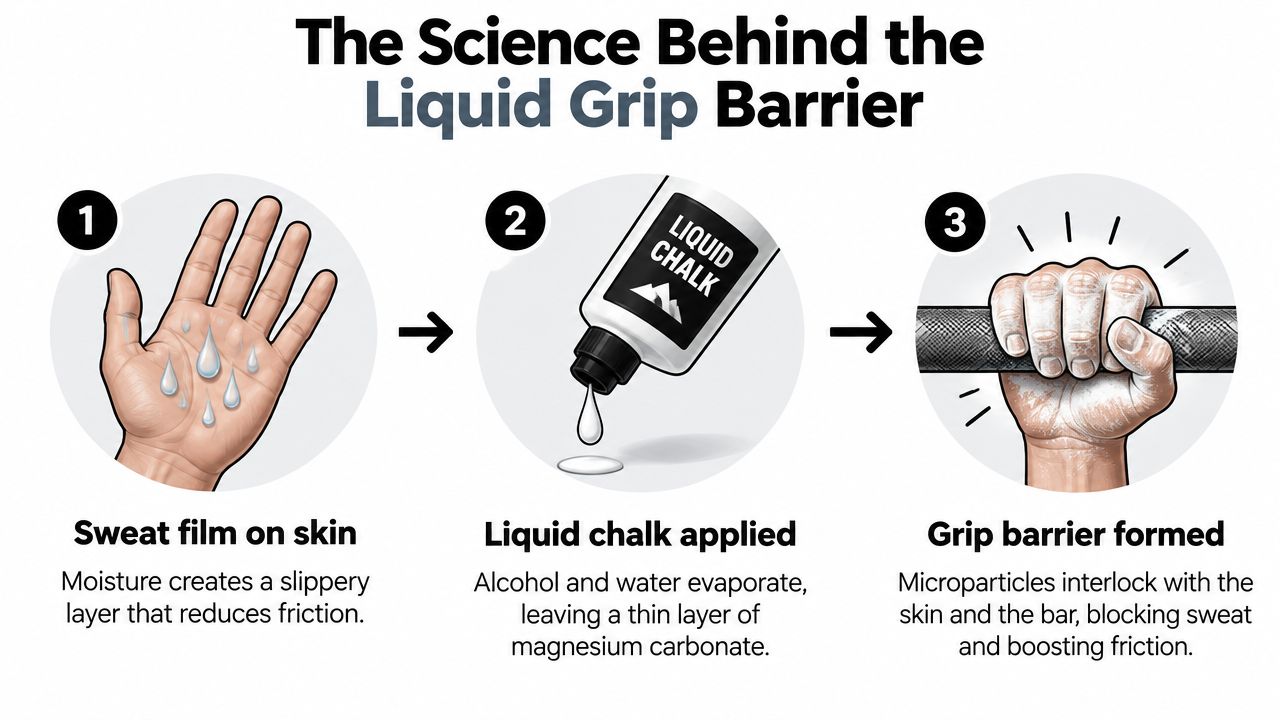 An infographic showing the three steps to apply liquid chalk for a better gym grip.