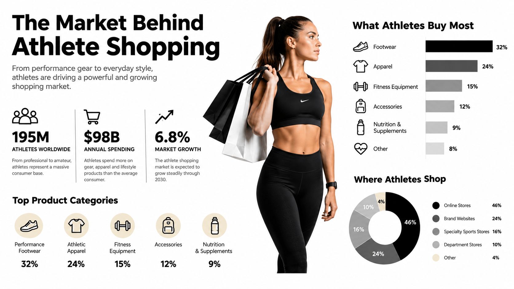 An infographic showing athlete shopping statistics, annual spending, market growth, and popular product categories for sports enthusiasts.