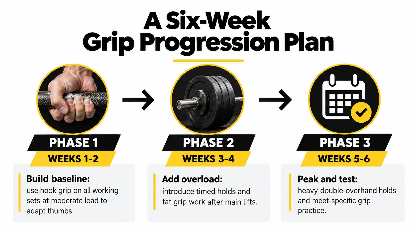 A graphic illustration detailing a three-phase six-week progression plan for improving grip strength in powerlifting training.