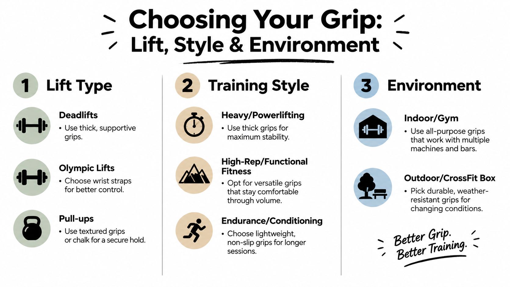 A guide for choosing weight lifting grips based on lift type, training style, and exercise environment.