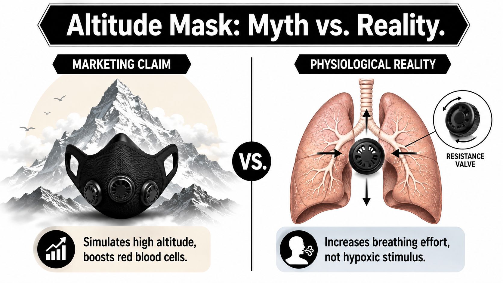 A diagram comparing marketing claims and the physiological reality of using an altitude training mask for exercise.