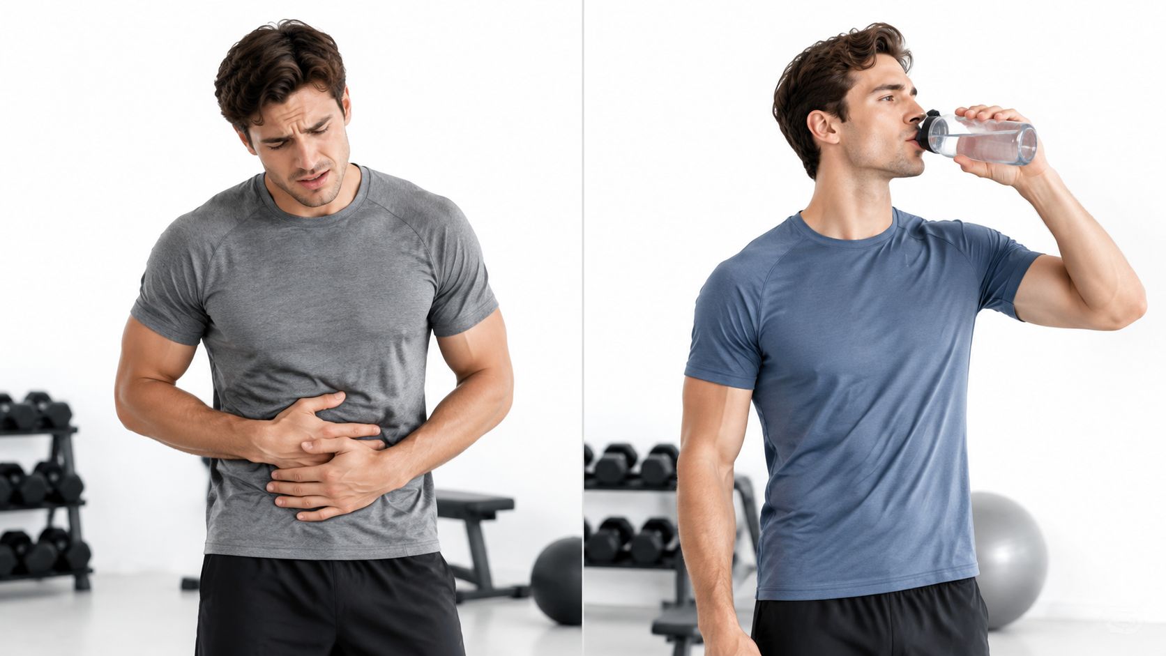 A split image showing a fit man suffering from stomach pain and then drinking water after exercise.