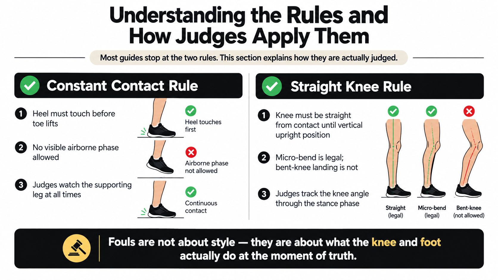 An infographic explaining the rules of race walking, focusing on the constant contact and straight knee requirements.