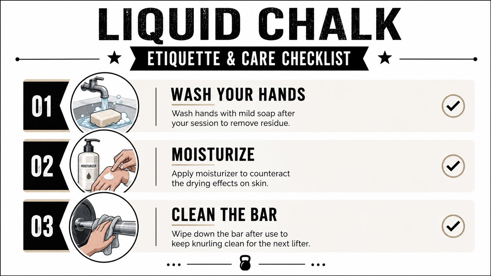 An educational infographic outlining the etiquette and care steps for using liquid chalk in a gym setting.