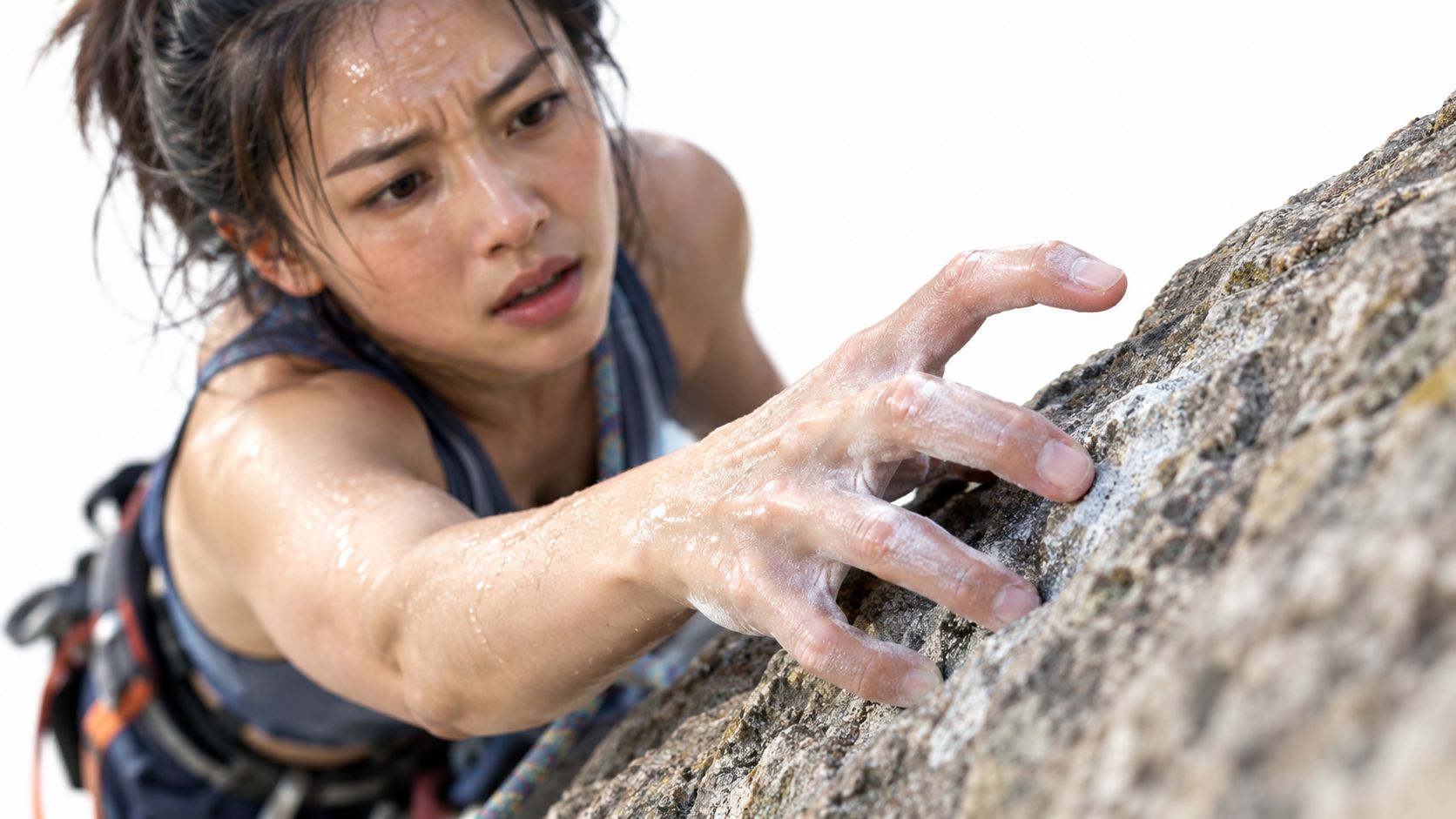 A focused female rock climber gripping a rock face with chalk-covered hands while sweating intensely.