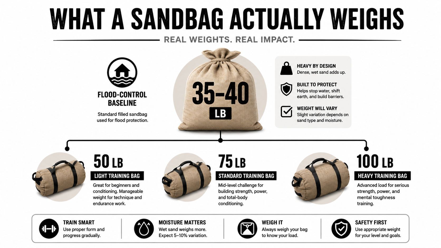 An infographic detailing the weight variations of different types of sandbags for flood control and training.