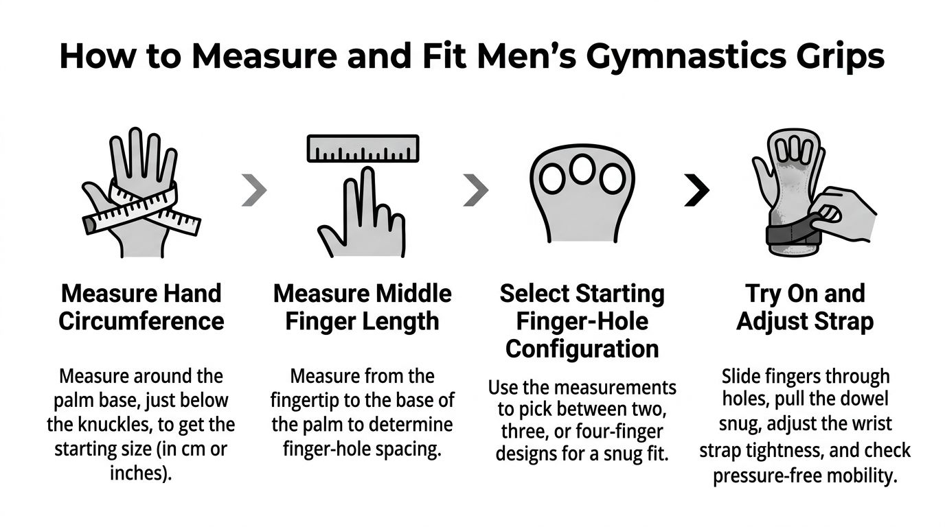 An instructional infographic detailing the four-step process for measuring and fitting men's gymnastics grips properly.
