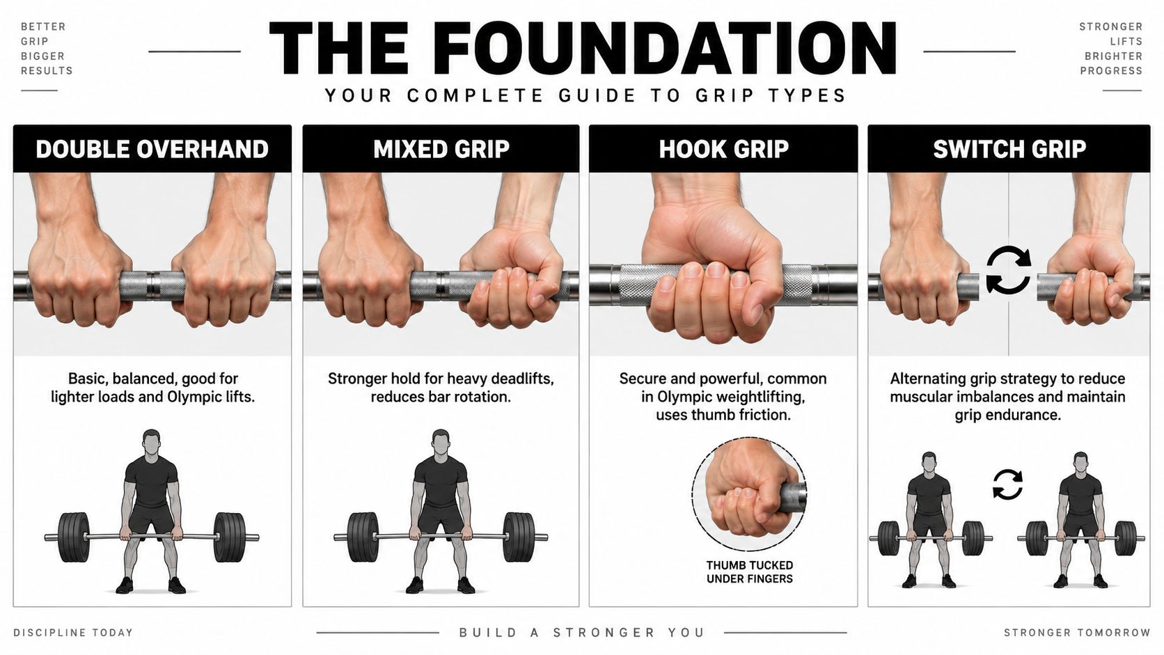 An educational infographic displaying four common weightlifting hand grip types: double overhand, mixed, hook, and switch grip.