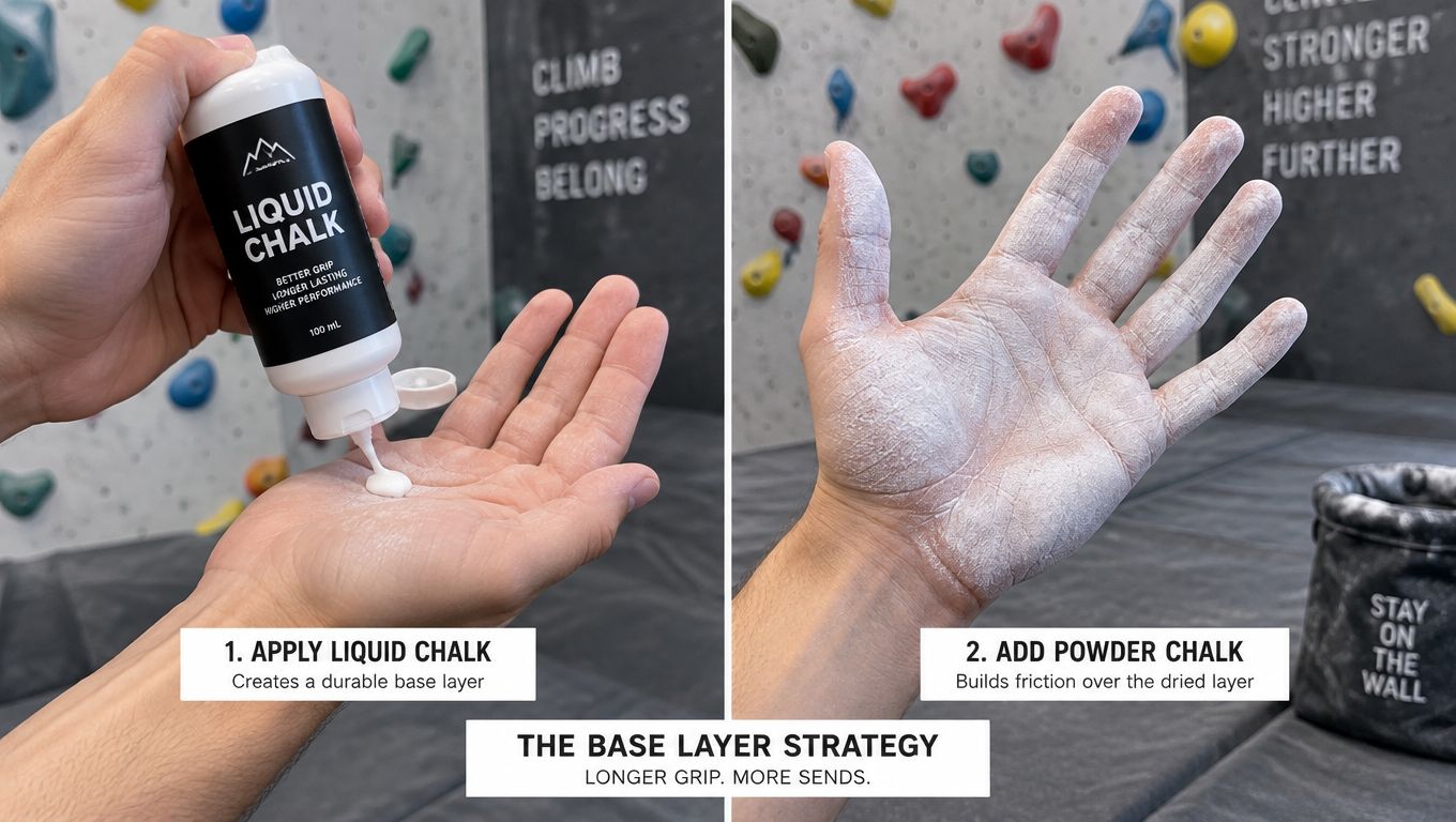 A two-part demonstration showing liquid chalk being applied to a hand, followed by powder chalk application.