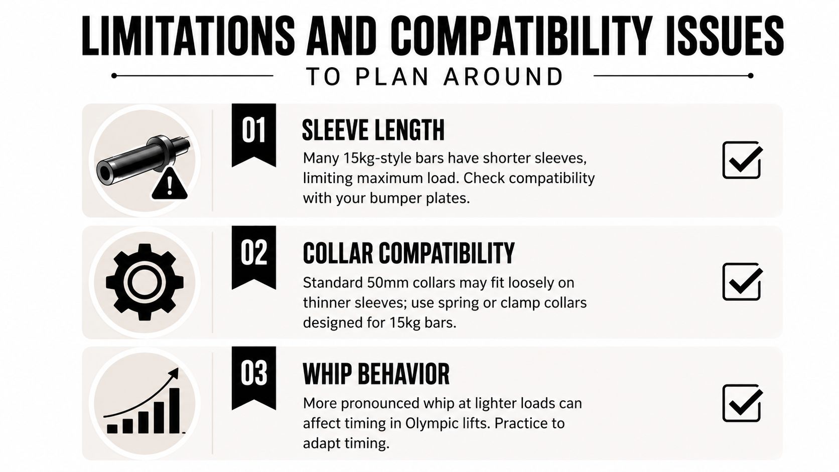 A guide illustrating potential limitations and compatibility considerations when using 15kg or 35lb barbells for training.