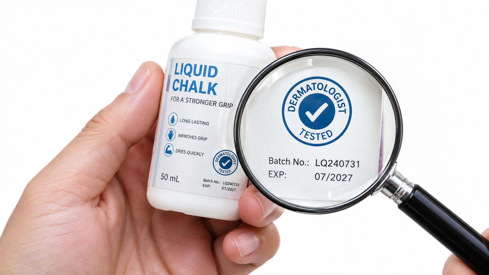 A hand holding a bottle of liquid chalk with a magnifying glass revealing dermatologist tested product information.