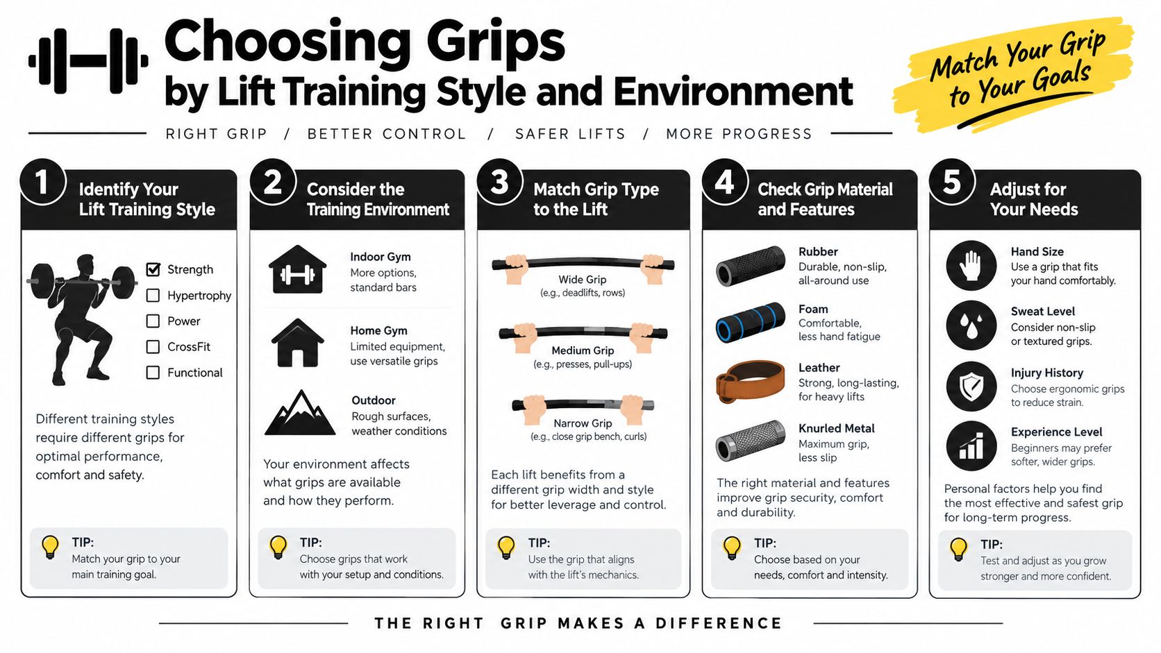 An infographic titled Choosing Grips, illustrating five steps to select the right weight lifting gear.