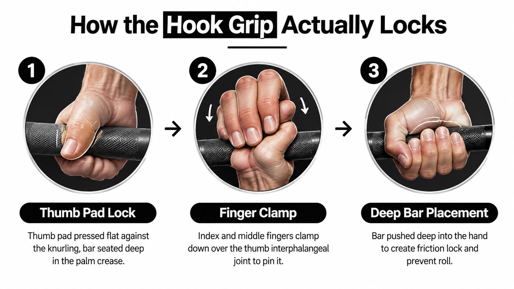 A three-step infographic showing how to correctly perform a powerlifting hook grip on a barbell.