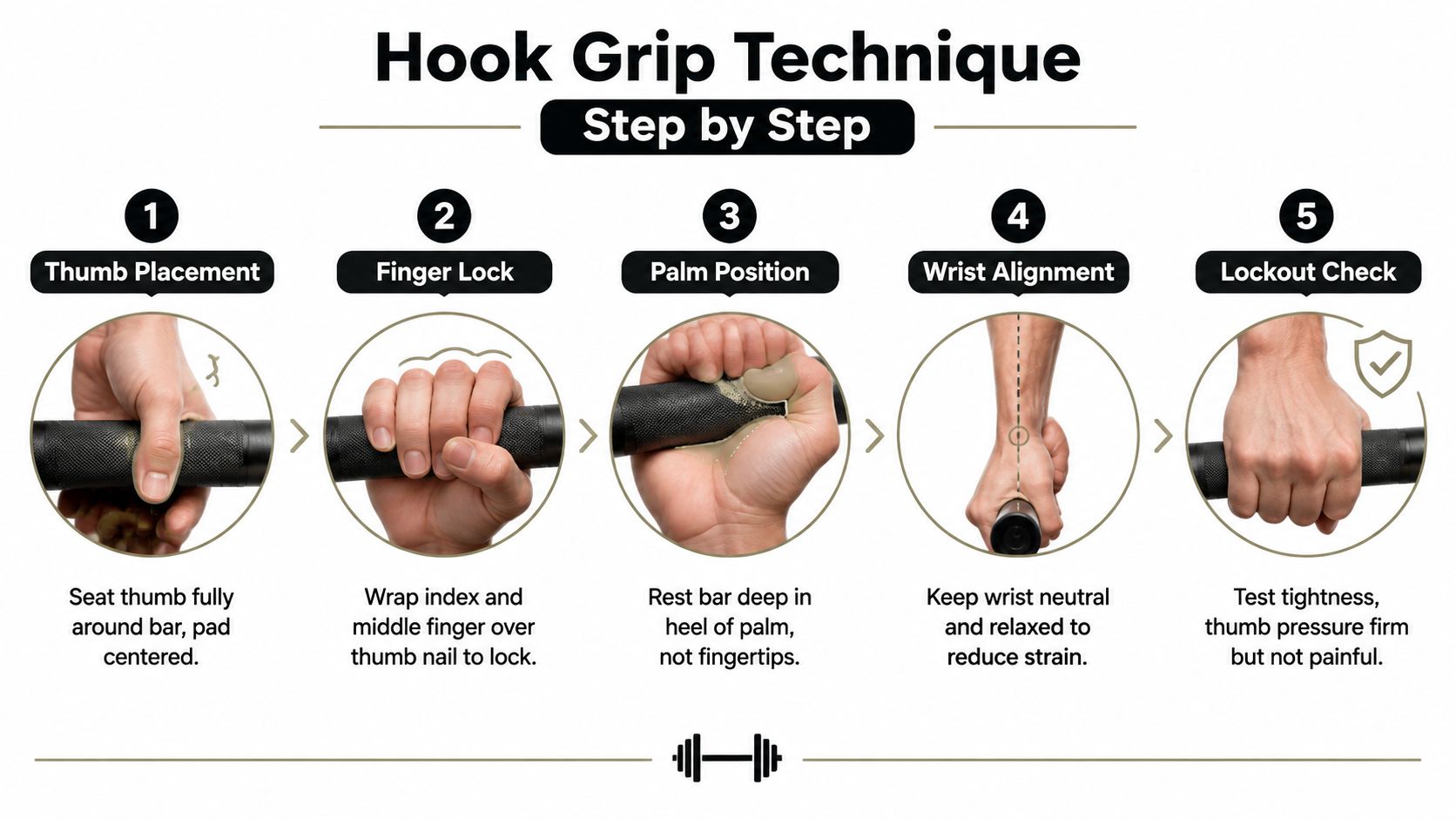 A step-by-step instructional graphic illustrating how to properly execute a hook grip for Olympic weightlifting exercises.
