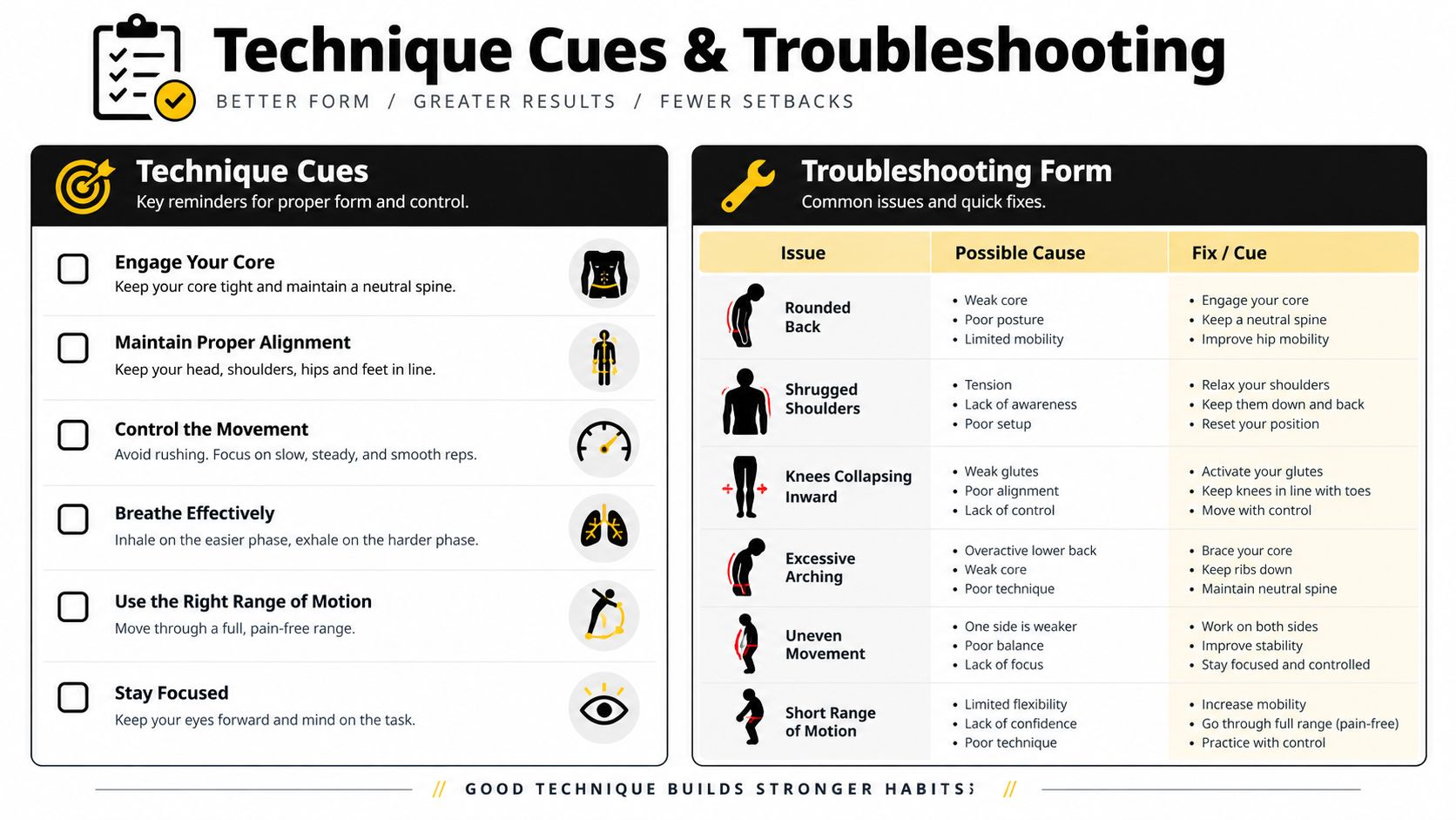 A guide illustrating common exercise form cues and troubleshooting tips for maintaining proper posture and technique.