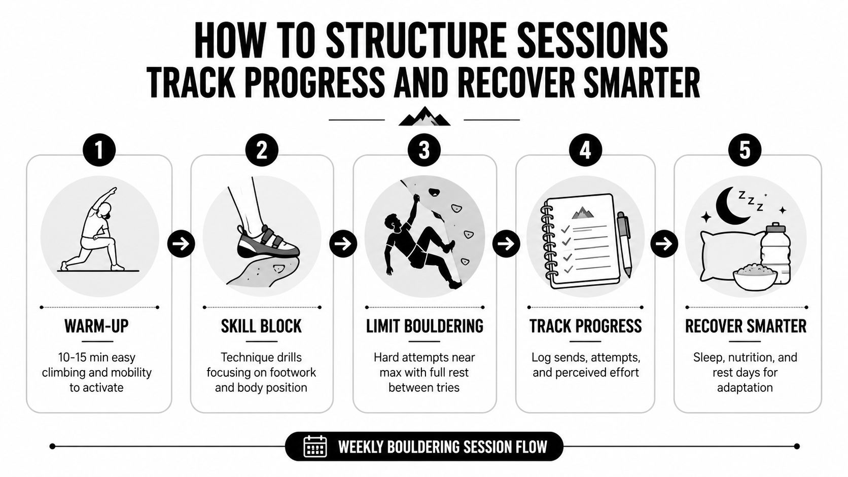 A five-step infographic showing how to structure a bouldering session for progress and effective recovery.