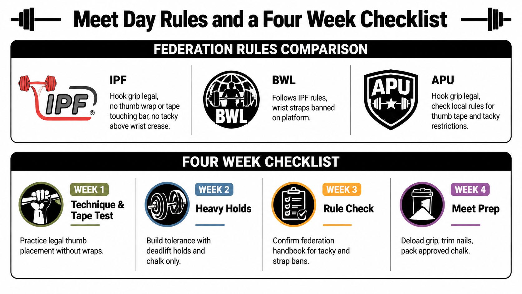 An infographic detailing powerlifting hook grip rules for federations and a four-week training preparation checklist.