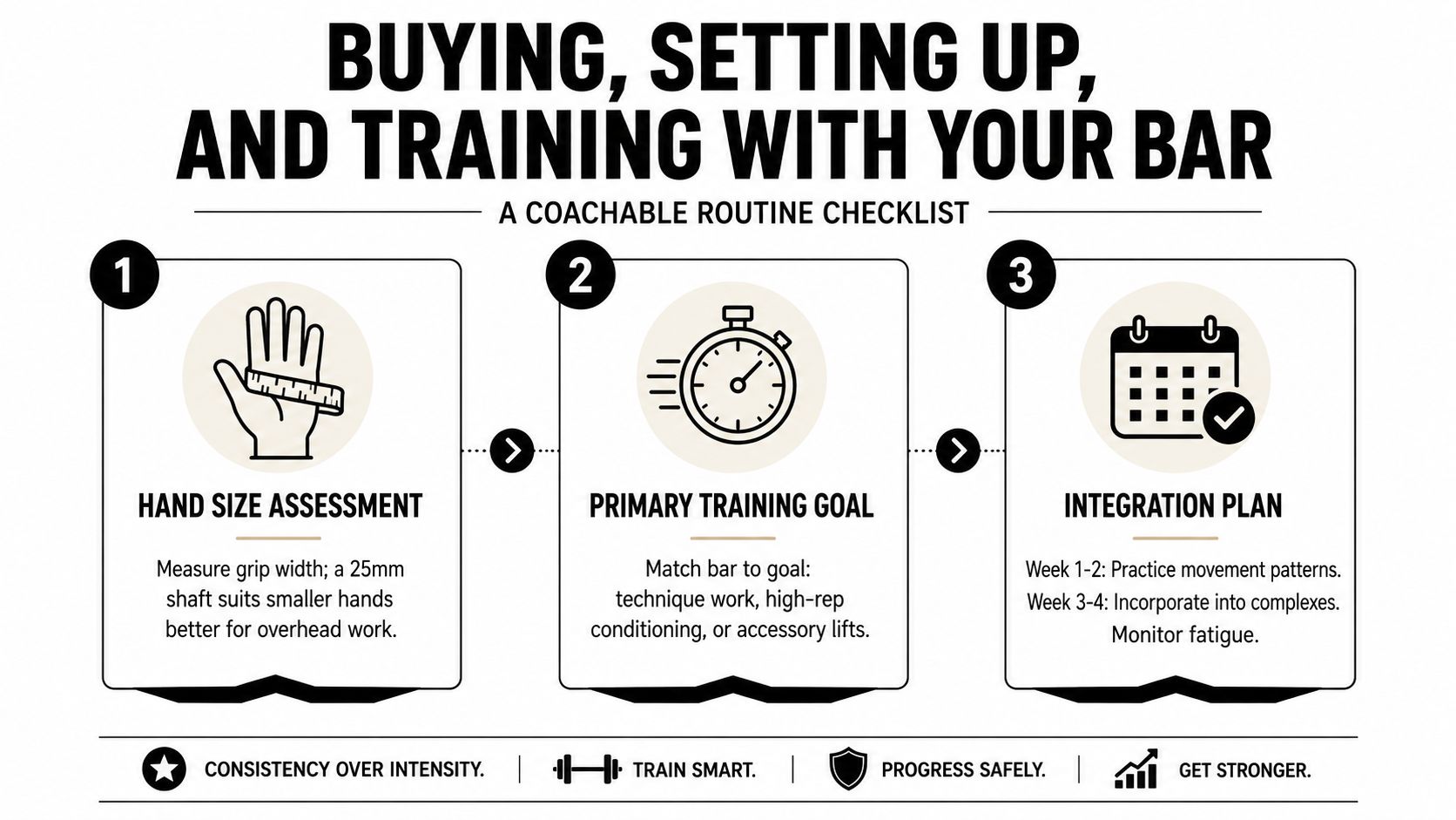 A three-step checklist for buying, setting up, and training with a weightlifting barbell for fitness.