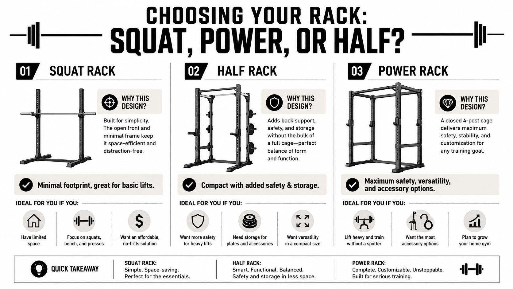 An infographic guide comparing features and benefits of squat racks, half racks, and power racks for gyms.