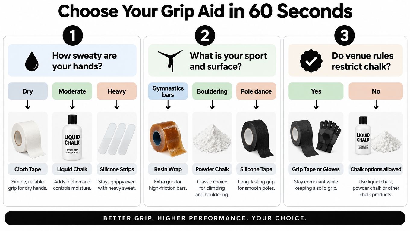A decision guide for choosing grip aids based on hand sweat, sport type, and venue chalk regulations.