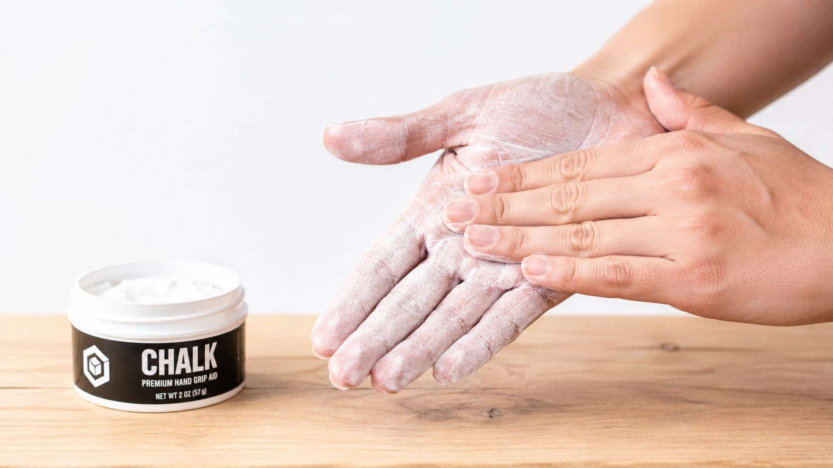 A person applying white gym chalk onto their hands for better grip on a wooden surface.