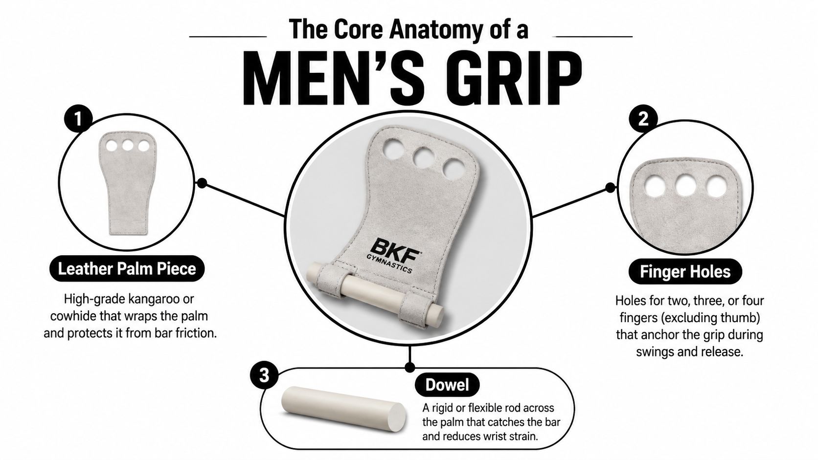 A diagram labeled Core Anatomy of a Men's Grip highlighting the leather palm piece, finger holes, and dowel.