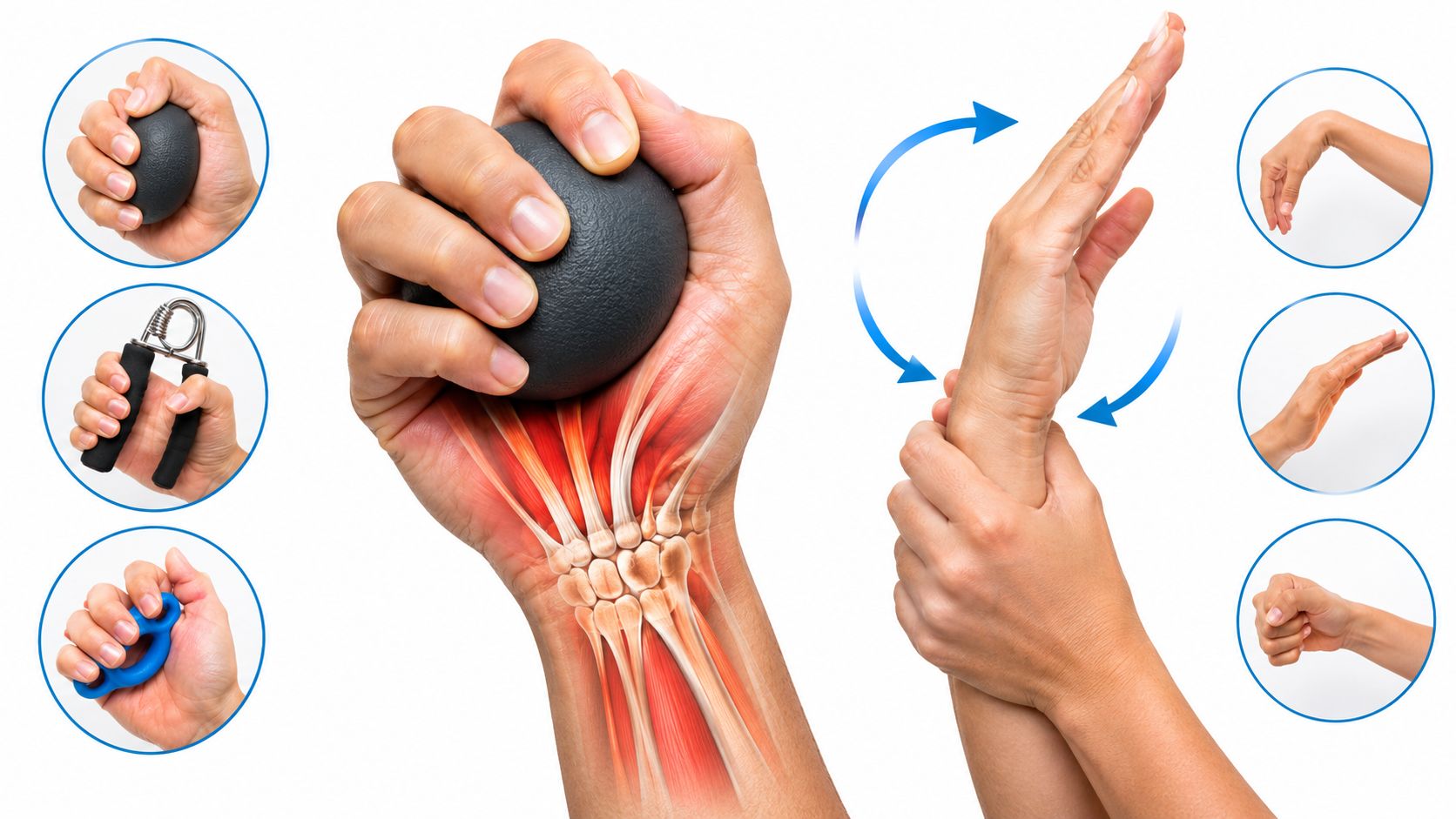 A composite image demonstrating various hand and wrist strengthening exercises and rehabilitation techniques for physical therapy.