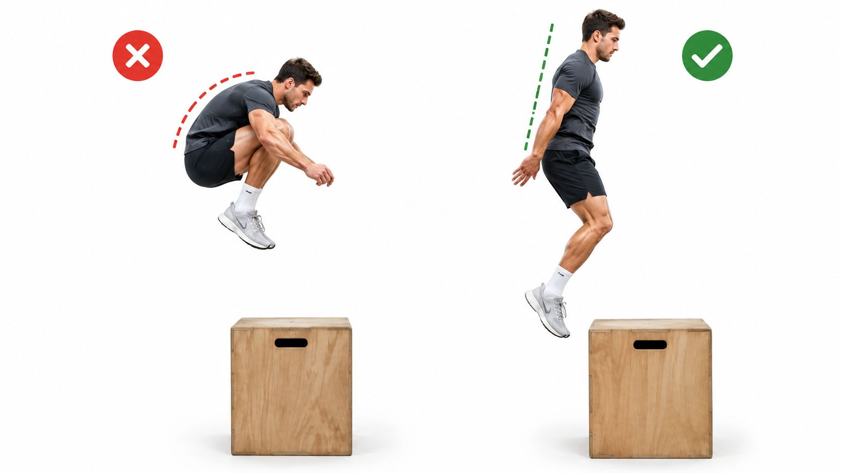 A split image comparing correct and incorrect posture during a vertical box jump exercise on a wooden plyo box.