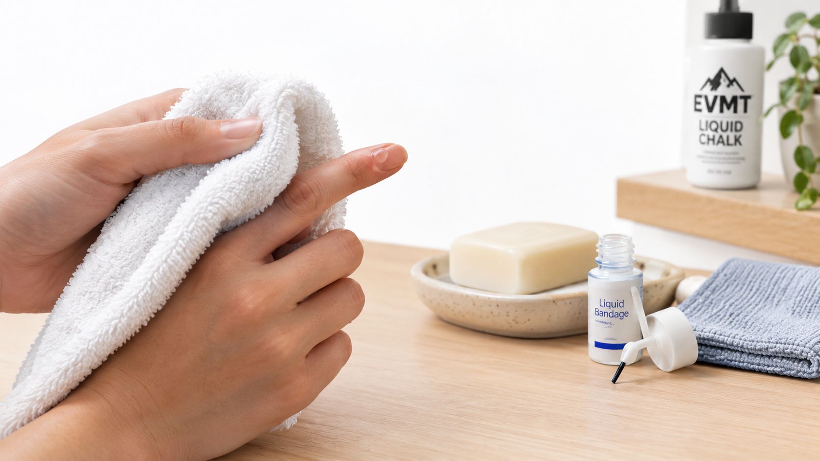 A person uses a white towel to dry their finger which has a small blister on it.
