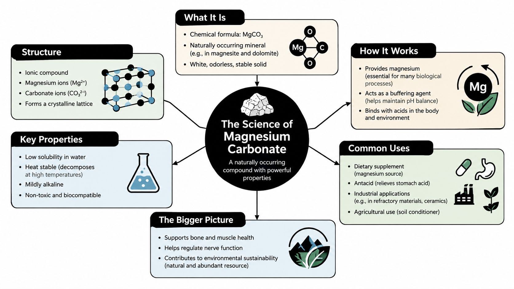 An infographic detailing the science, structure, properties, uses, and biological benefits of magnesium carbonate.