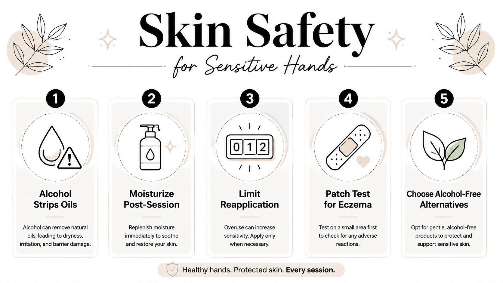 An infographic titled Skin Safety for Sensitive Hands providing five essential tips for protecting skin during hand care.