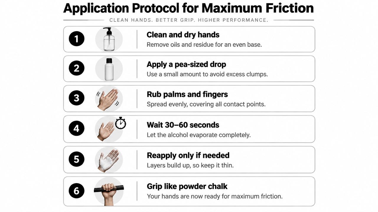 A six-step instructional infographic explaining the application process for using liquid grip liquid chalk on hands.