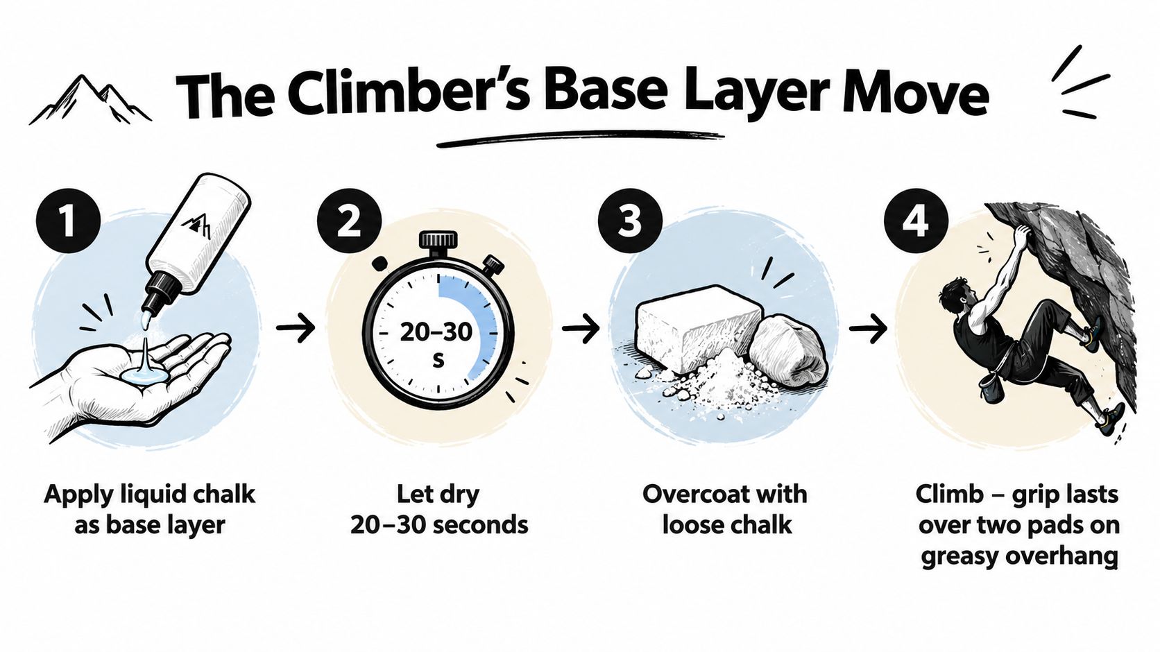 A four-step infographic showing how to apply liquid chalk as a base layer for rock climbing.