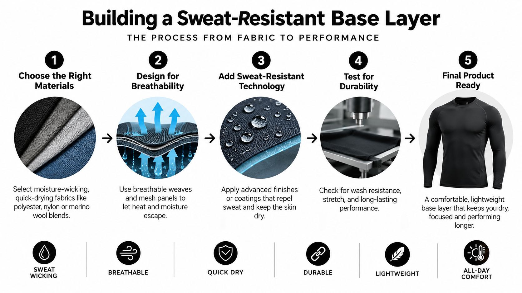 An infographic showing the five-step process of building a sweat-resistant performance base layer for athletic wear.