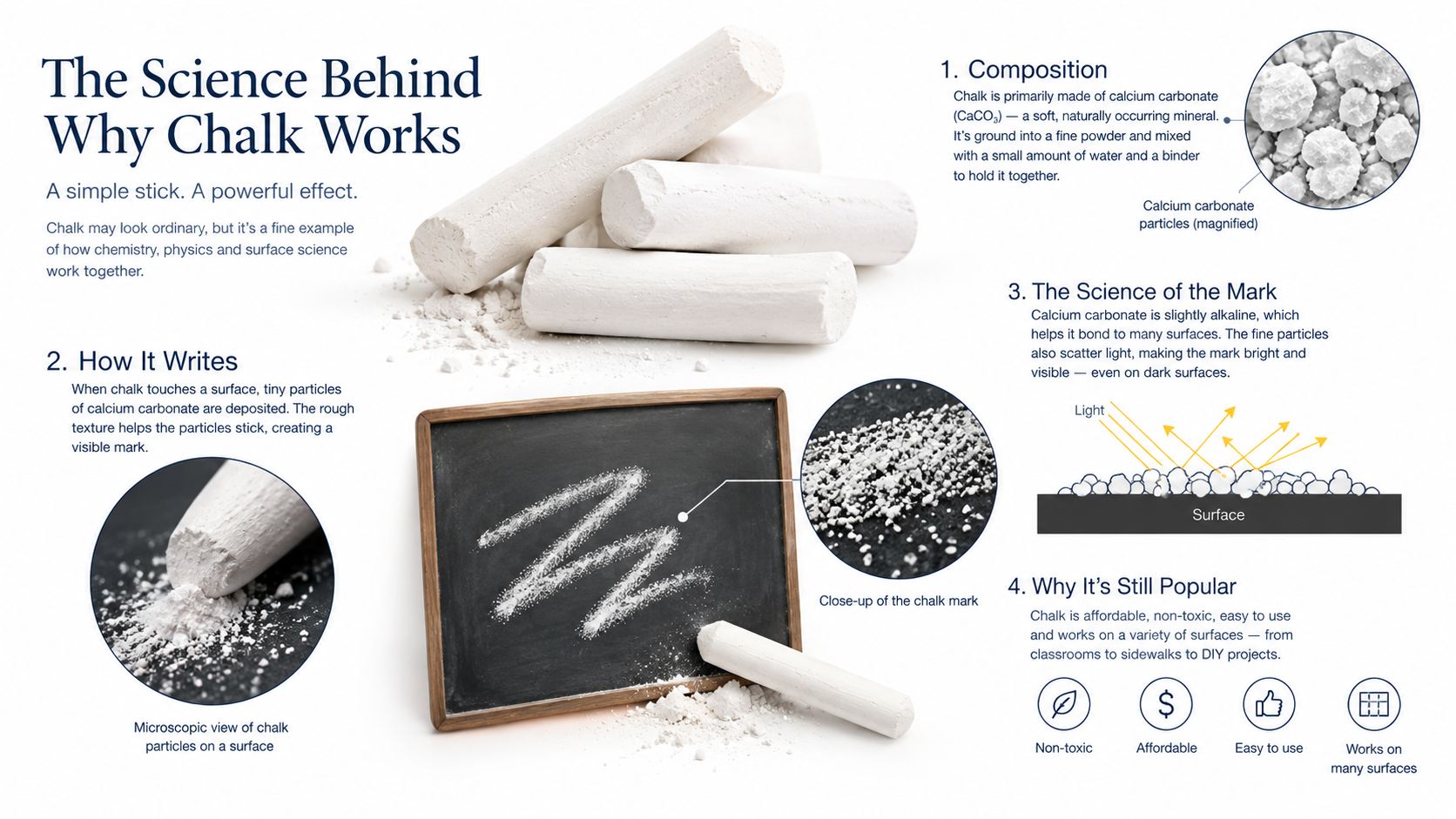 An infographic explaining the science of chalk, including composition, how it writes, and its practical uses.