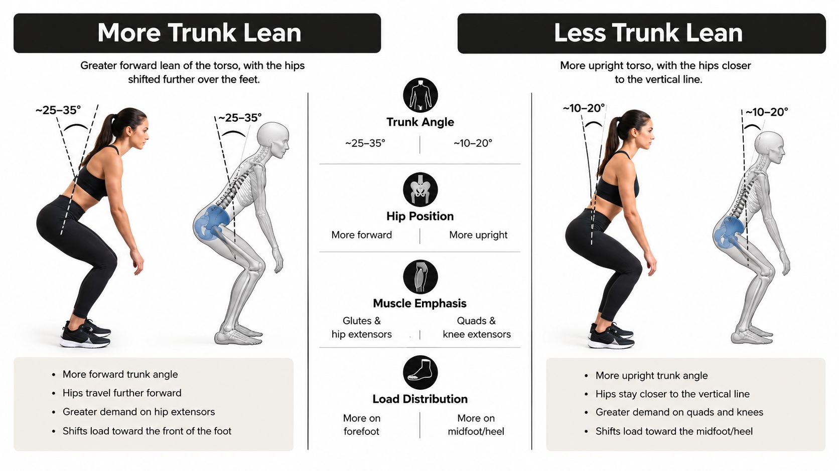 A comparison infographic illustrating how trunk angle changes squat mechanics and muscle engagement during exercise.