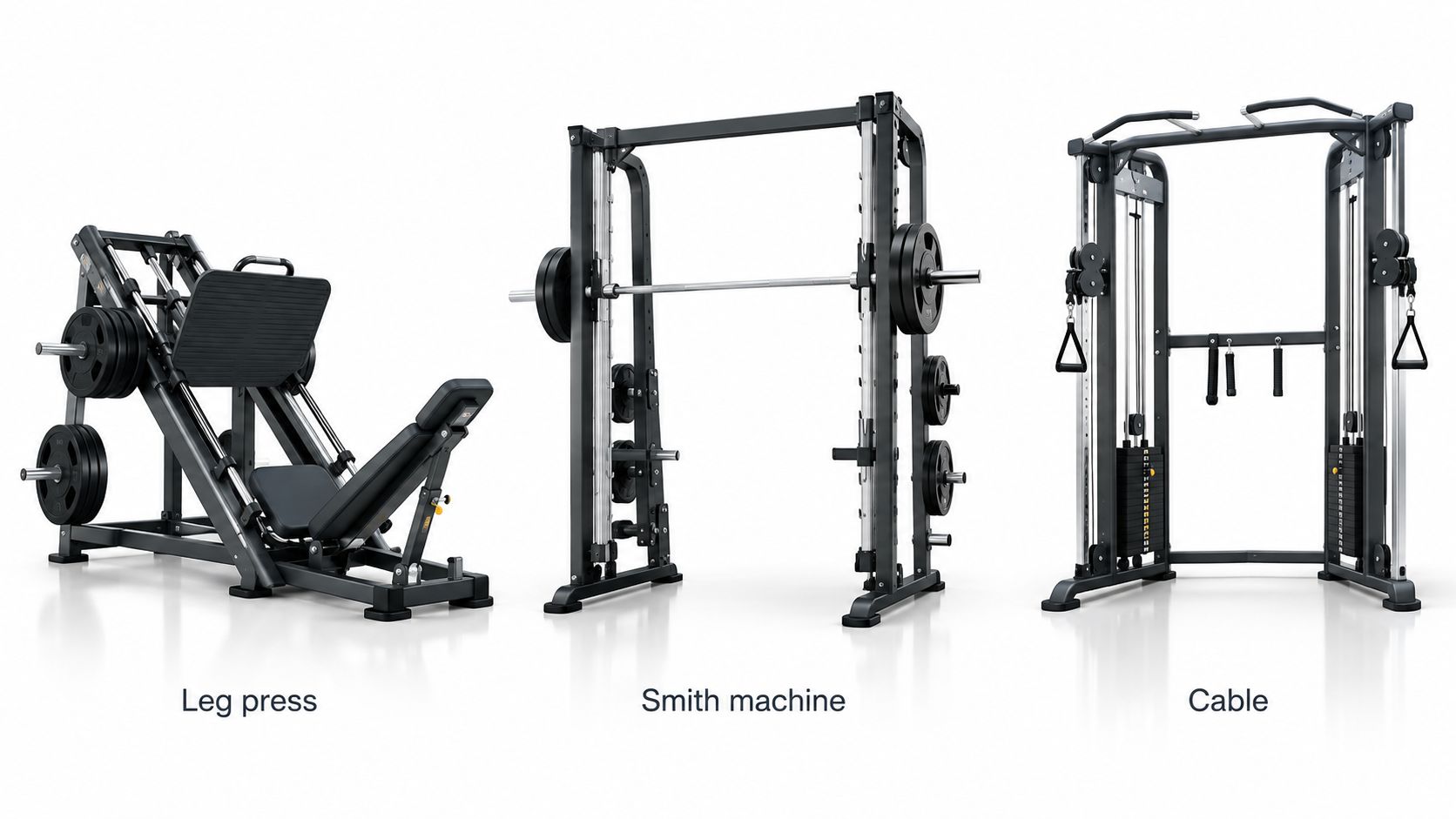 A selection of three professional gym strength training machines including a leg press, a Smith machine, and a cable system.