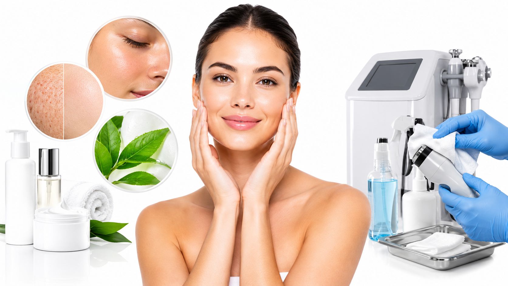 A smiling woman with radiant skin alongside skincare products and professional aesthetic beauty equipment for facial treatments.