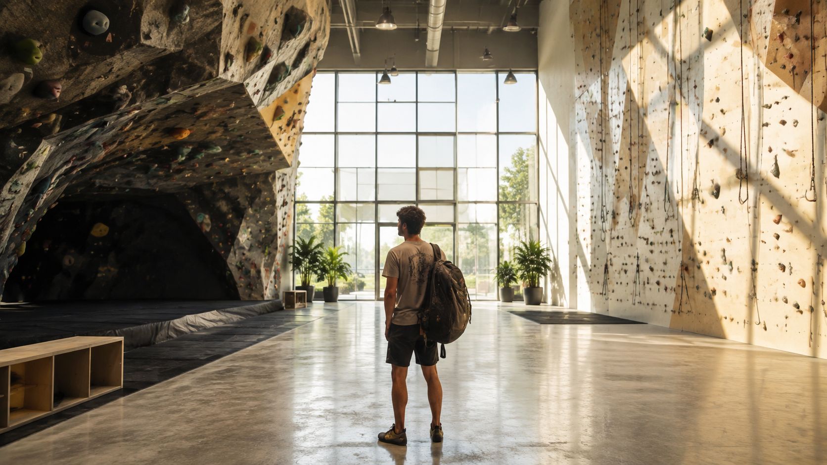 A man wearing a backpack stands inside a large, sunlit indoor climbing gym between two climbing walls.