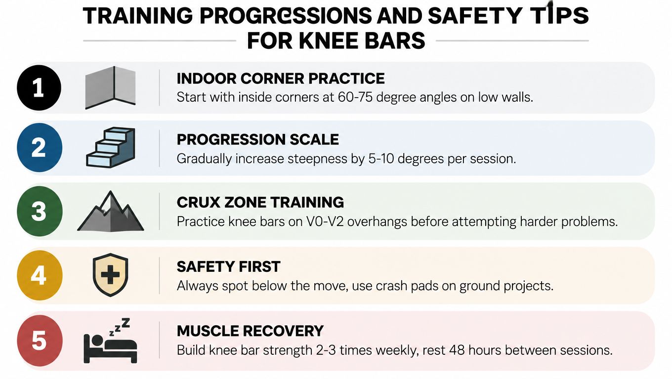 An infographic titled training progressions and safety tips for knee bars, listing five essential climbing steps.